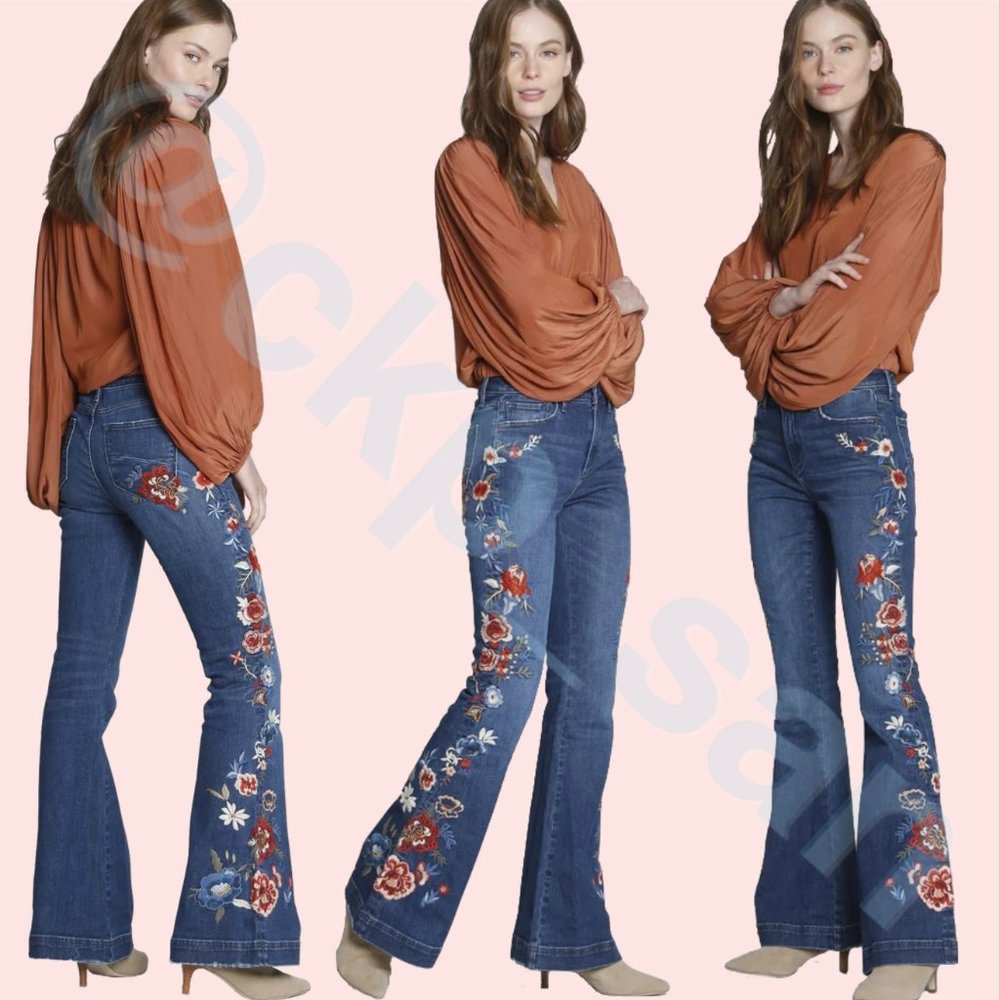 Free People x Driftwood Farrah Embroidered Flare Jeans Sz 28 - Picture 4 of 15